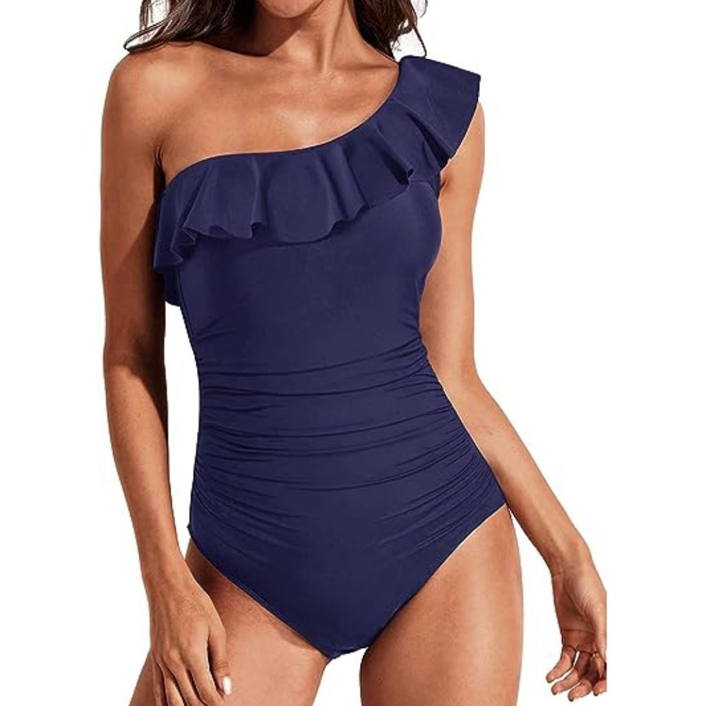 CUPSHE NAVY ONE SHOULDER RUFFLE ONE PIECE SWIMSUIT